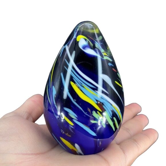 Multicolor Egg Shaped Art Glass Paperweight Figurine Cobalt Blue Dots 4"T 2.25"W - Picture 9 of 12